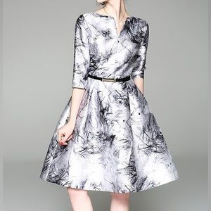 A-line satin print dress with belt NEW